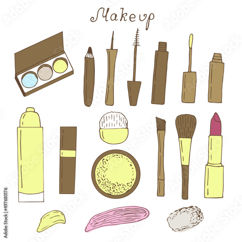 Decorative makeup cosmetics set vector illustration, hand drawing colored doodles