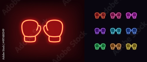 Outline neon boxing gloves icon. Glowing neon box gloves silhouette, fight sport pictogram