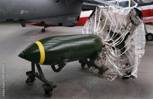 Parachute retarded fall unguided iron bomb. UK. photo