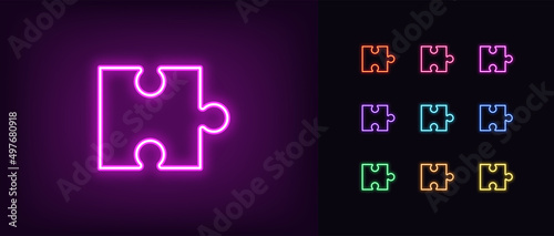 Outline neon puzzle piece icon. Glowing neon jigsaw puzzle part, app addition pictogram. Business solution