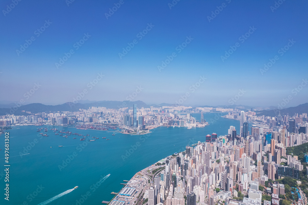 Epic aerial view of the Victoria Harbour, viewing from west
