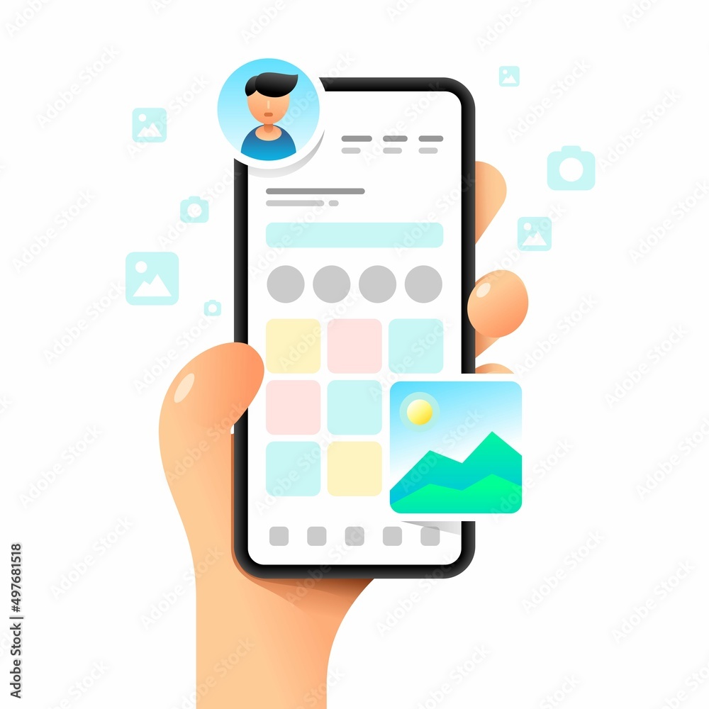 Smartphone mockup in human hand. App dashboard. Profile main screen. Vector colorful social media illustration. Instagram, Whatsapp, Skype Smartphone mockup in human hand. App dashboard. Profile main screen. Vector colorful social media illustration. Instagram, Whatsapp, Skype