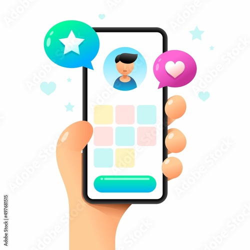 Smartphone mockup in human hand. Images and video on the profile screen. Vector colorful social media illustration. Instagram, Whatsapp, Skype