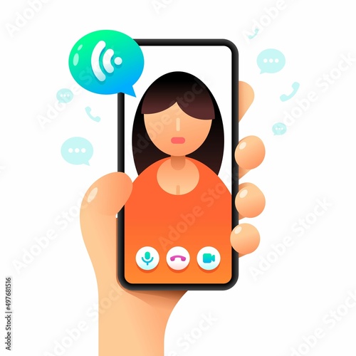 Smartphone mockup in human hand. Online voice call. Vector colorful social media illustration. Instagram, Whatsapp, Skype
