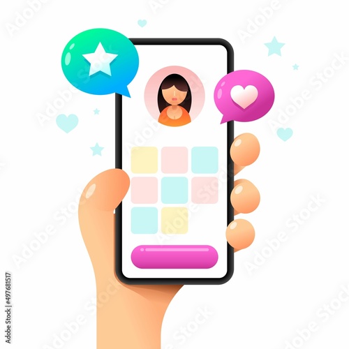 Smartphone mockup in human hand. Images and video on the profile screen. Vector colorful social media illustration. Instagram, Whatsapp, Skype