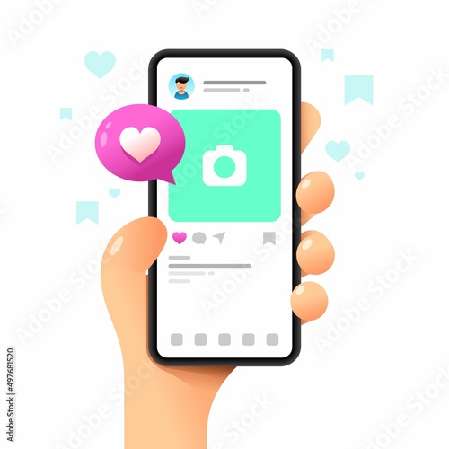 Smartphone mockup in human hand. Post in application. Vector colorful social media illustration. Instagram, Whatsapp, Skype