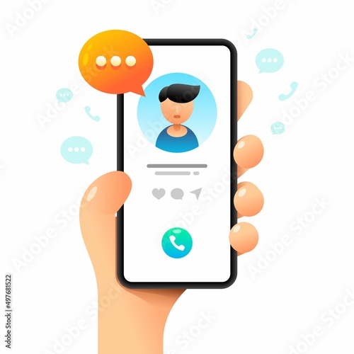 Smartphone mockup in human hand. Calling to contact. Vector colorful social media illustration. Instagram, Whatsapp, Skype
