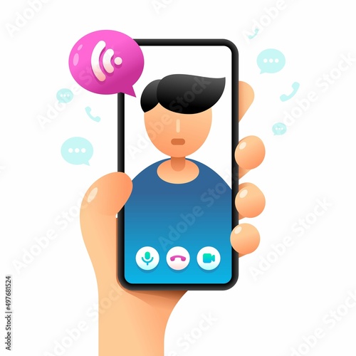 Smartphone mockup in human hand. Online voice call. Vector colorful social media illustration. Instagram, Whatsapp, Skype