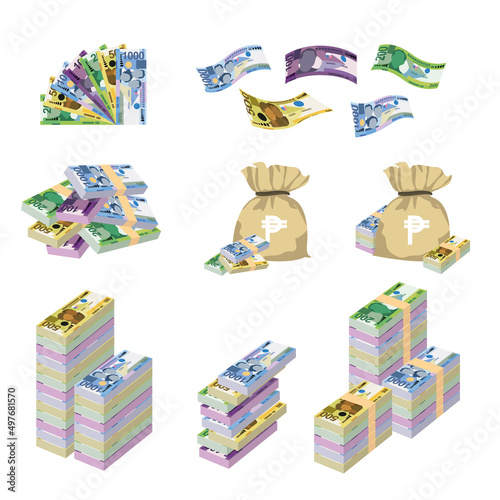 Philippine Peso Vector Illustration. Huge packs of Philippines money set bundle banknotes. Bundle with cash bills. Deposit, wealth, accumulation and inheritance. Falling money 100, 200, 500, 1000 PHP.