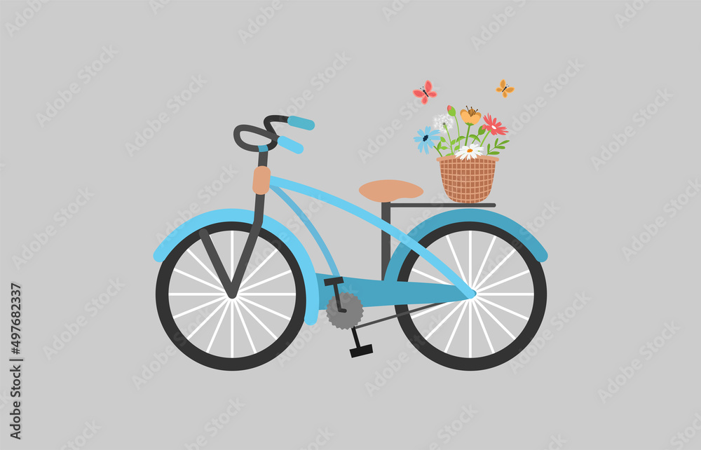Fototapeta premium Bicycle with flowers and butterflies on grey background. Vector illustration for banners, cards, flyers, prints, social media, spring, summer, sales and more.