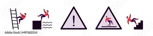 Warning sign, slippery floor, falling down the stairs, falling into the pool. Isolated vector icons. Man falls, chance of an accident.