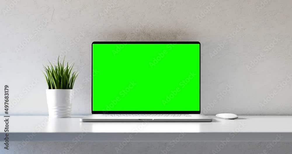 Laptop with a blank screen in the minimalist white room - green screen, includes luma matte to mask the screen and the whole scene.