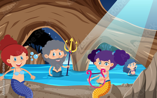 Mermaid family in the cave scene