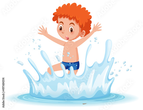 A water splash with fun boy on white background