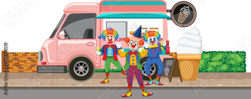 Clowns juggling balls in front of icecream truck