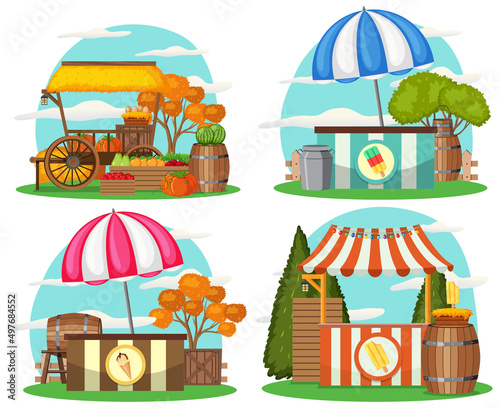 Flea market concept with set of different stores