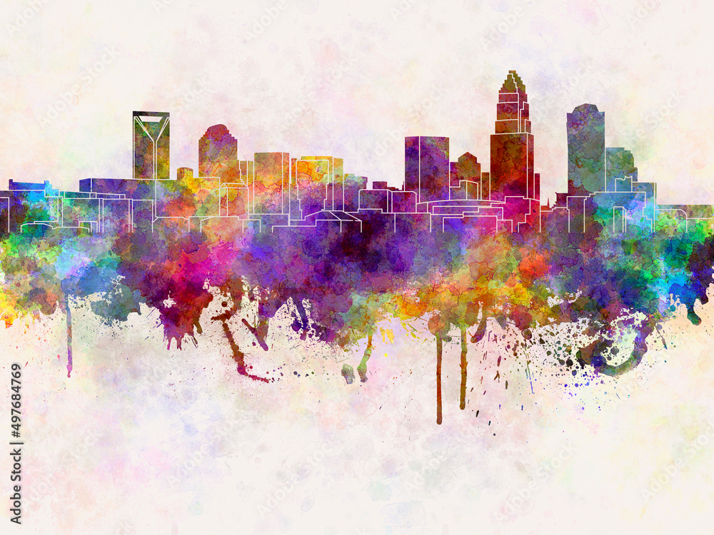 Charlotte skyline in watercolor background