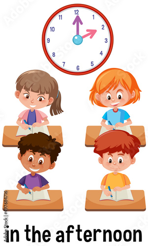 English prepositions of time with set of kids learning at 2 pm