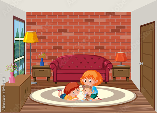 Living room scene with children cartoon character