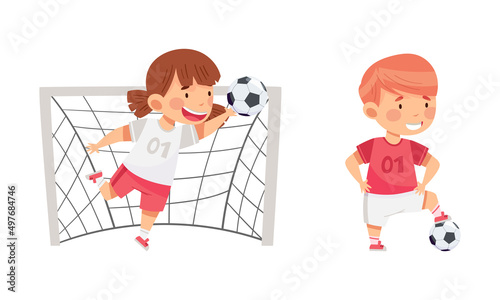 Kids playing soccer. Cute girl and boy training with ball cartoon vector illustration
