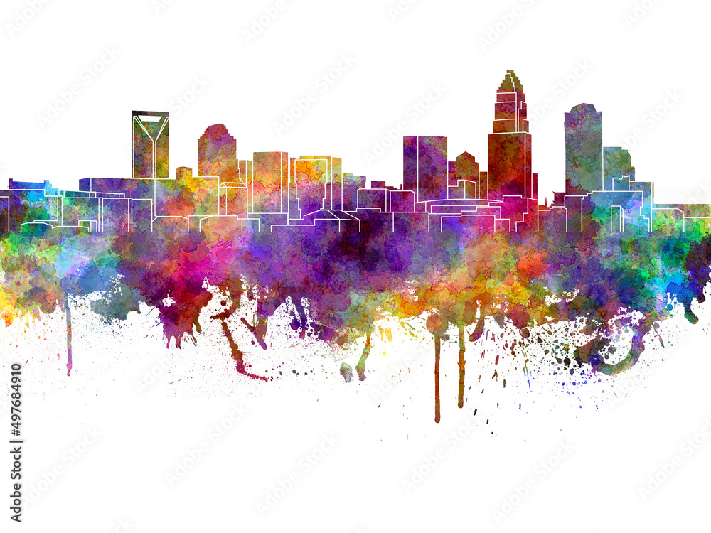 Charlotte skyline in watercolor on white background