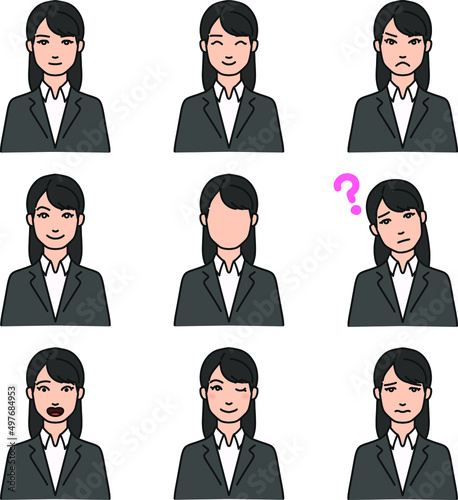 会社員のスーツの女性表情セットカラー