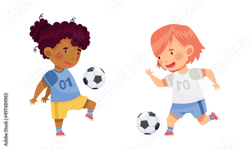 Happy girls playing soccer. Cute kids running and kicking ball cartoon vector illustration