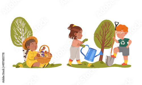 Kids helping save the world set. Children picking mushrooms and planting tree. Nature and ecology protection cartoon vector illustration