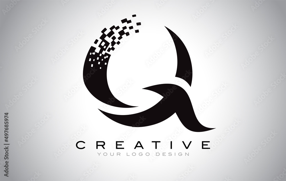 Fototapeta premium Q Initial Letter Logo Design with Digital Pixels in Black and White Colors.