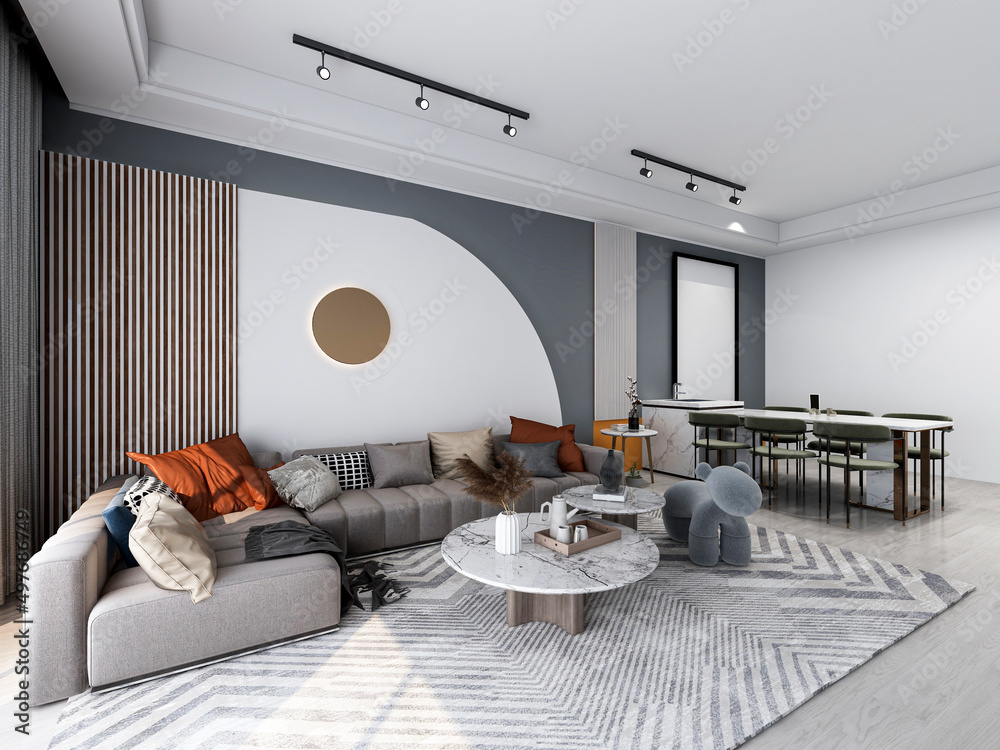 Fototapeta premium 3D rendering, spacious living room design of modern residence, with sofa, tea table, decorative painting, etc