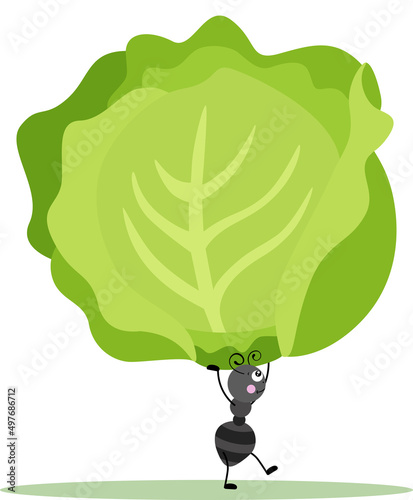 Cute ant carrying a fresh green lettuce