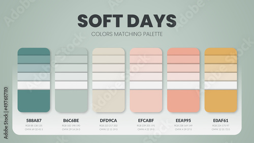Soft days green color palettes or color schemes are trends combinations and palette guides this year; table color shades in RGB or HEX. A color swatch for a  soft day fashion, home, or interior design