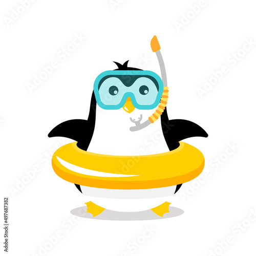 Penguin snorkeling masks. Diving and swimming. Mascot cartoon vector illustration.