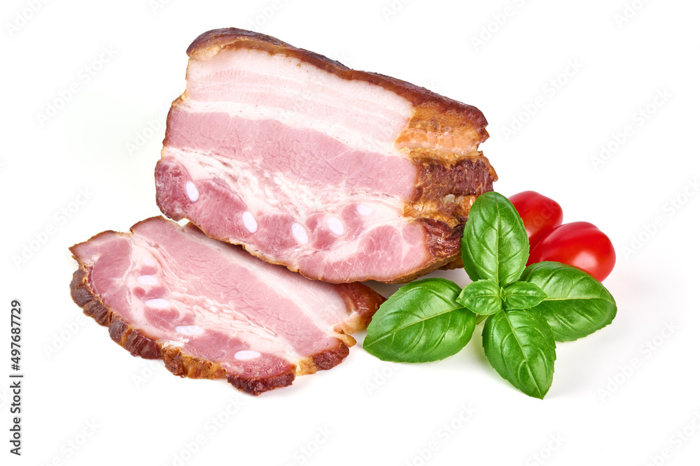 Smoked Pork Loin with slices, isolated on white background.