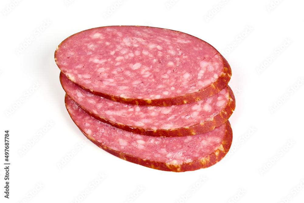 Salami sausage slices, isolated on white background. Salami sausage slices, isolated on white background.