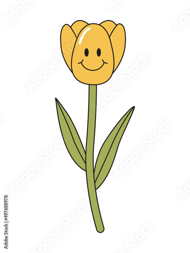 Cartoon tulip character with face expression. Retro flower with face and smile. Vintage vector sticker. Colorful funny emoji in groovy style
