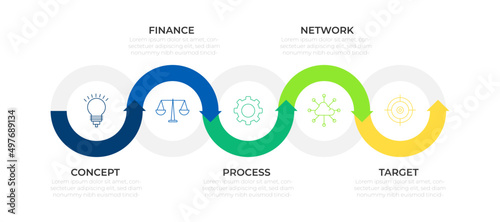 Connect timeline horizontal row infographic elements plan concept design vector with icons. Circular five steps network project template for presentation and report.