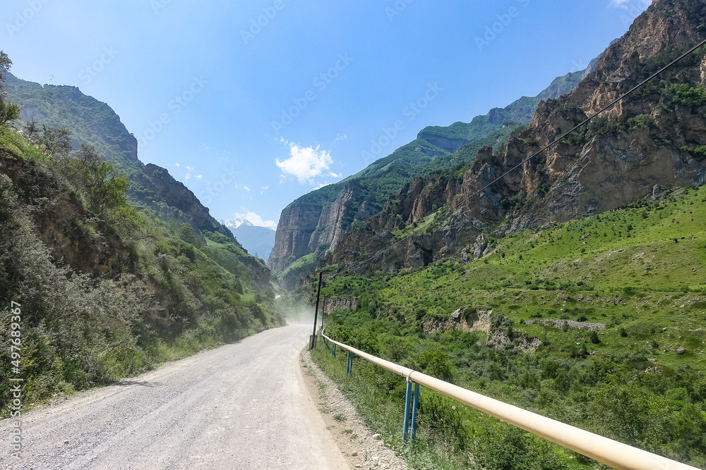 View of the Chegem gorge from the waterfall Abai-Su. Kabardino-Balkaria June 2021.