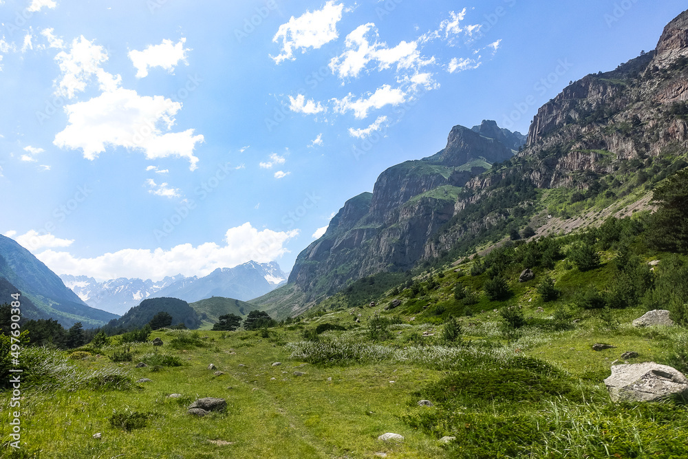 View of the Chegem gorge near the waterfall Abai-Su. Kabardino-Balkaria June 2021.