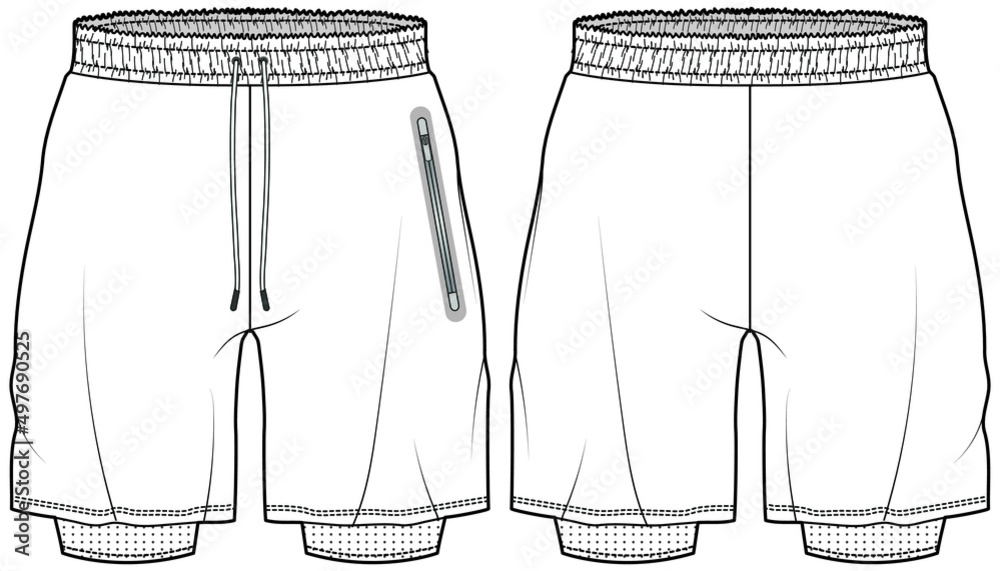 men's double layer shorts technical drawing vector illustration Stock ...