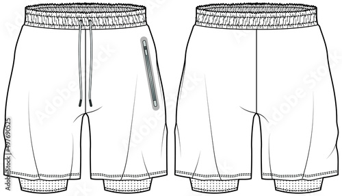 men's double layer shorts technical drawing vector illustration