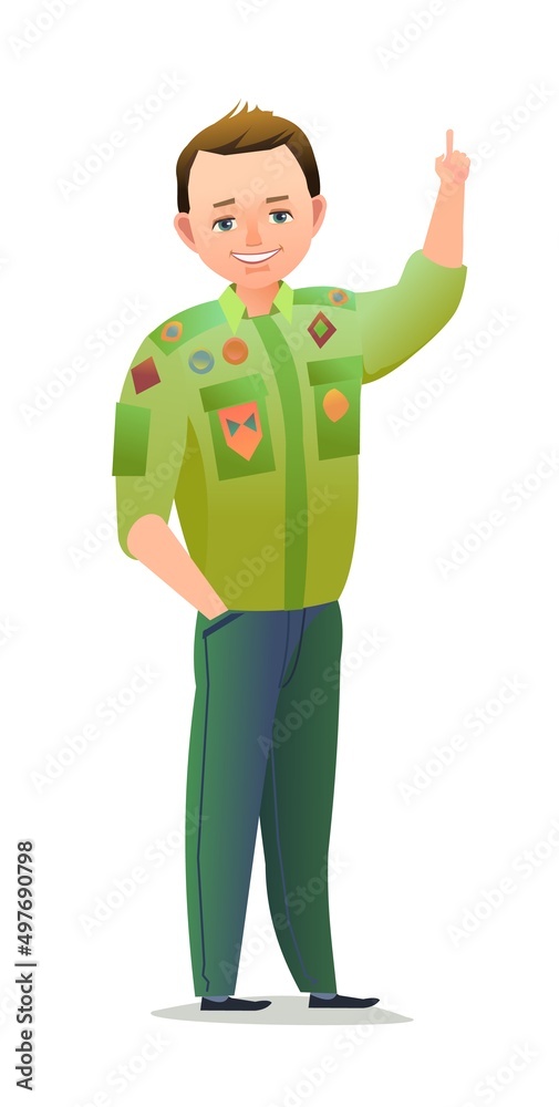 Pretty little boy in scout uniform with badges. Cheerful guy. Standing pose. Cartoon flat design in comic style. Single character. Illustration isolated on white background. Vector Pretty little boy in scout uniform with badges. Cheerful guy. Standing pose. Cartoon flat design in comic style. Single character. Illustration isolated on white background. Vector