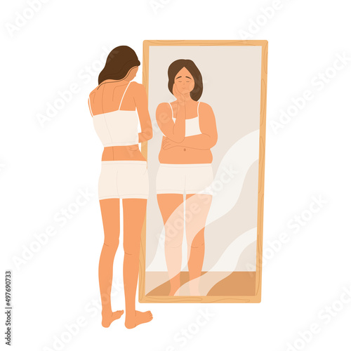 Fototapeta Naklejka Na Ścianę i Meble -  A sad young woman looking at her distorted reflection in the mirror. Self hate, body shaming, dissatisfaction with appearance. Anorexia, dysmorphophobia concept. Vector illustration in cartoon style.	