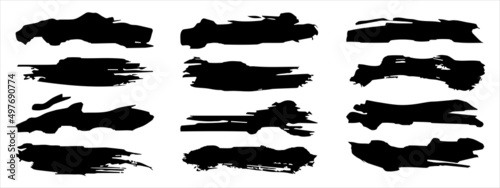 Vector collection of artistic grungy black paint hand made creative brush stroke set isolated on banner background. A group of abstract grunge sketches for design education or graphic art decoration