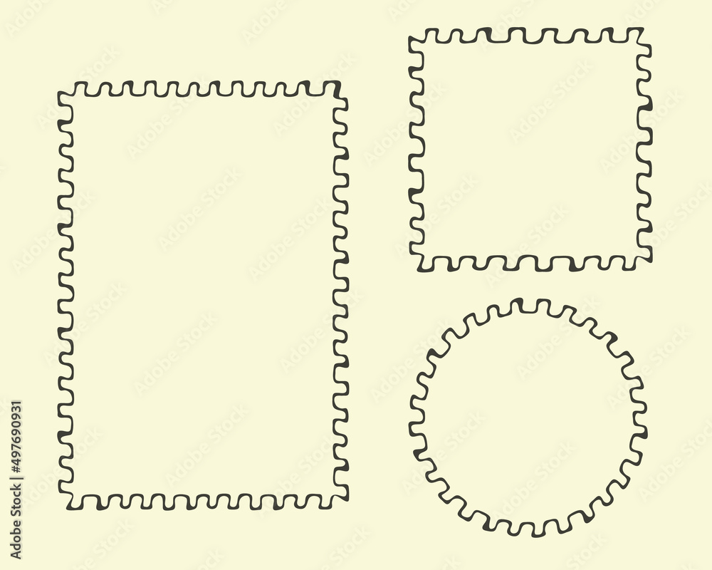 Frame outline set. Hand drawn decorative grey ink stroke borders, zigzag brush line, circle, square, rectangle geometrical shapes. Vector
