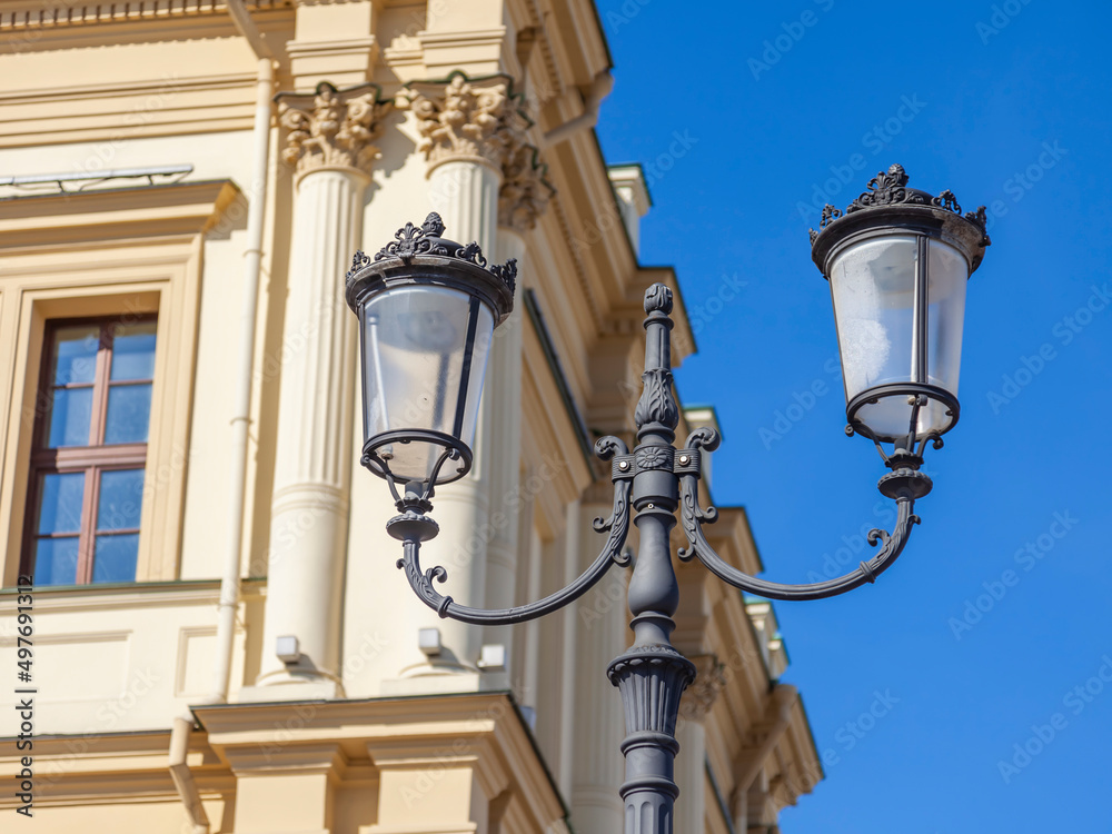 Moscow, Russia, April 6 2022.  Beautiful street lamp post