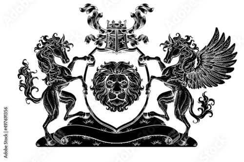 Crest Pegasus Horse Coat of Arms Lion Shield Seal photo