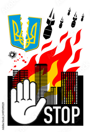Stop war template poster. Burning city under bombs. Vector
