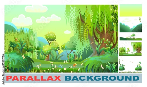 Fairy forest. Wild flowers and butterflies. Set for parallax effect. Mature willow trees. Morning sky. Dense thickets with flowers and butterflies. Beautiful summer landscape. Fun cartoon style. Cute