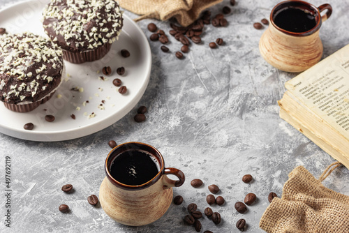 Coffee and breakfast, table, background.